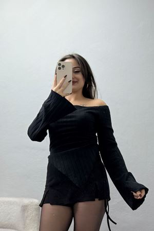 Kayık Yaka Likralı İnterlok Fitilli Body Siyah - 90965.1748.