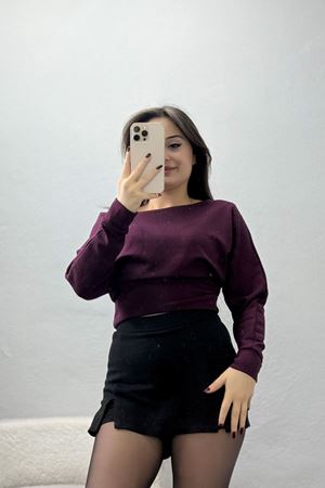 Taş Detay Kayık Yaka Bluz Mürdüm - 4129.1247.