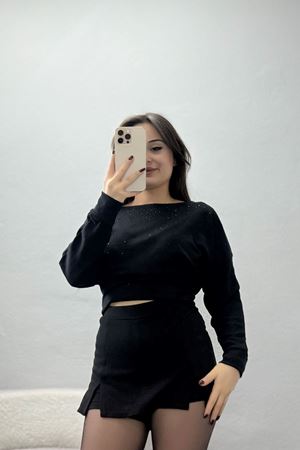 Taş Detay Kayık Yaka Bluz Siyah - 4129.1247.