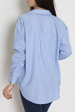 Pamuk Polyester Çizgili Oversize Gömlek Mavibeyaz - 51052.147.