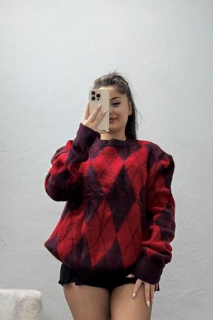 Baklava Dilimli Triko Kazak Mürdümkırmızı - 51263.1918.