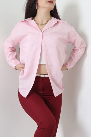Pamuk Polyester Çizgili Oversize Gömlek Pembe - 51052.147.