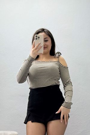 Tek Omuz Detaylı Likralı Kaşkorse Bluz Kahvelatte - 51091.1567.
