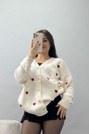 Nakışlı Kalpli Hırka Lattekırmızı - 444.1577.