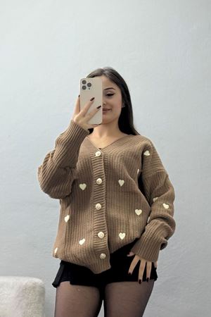 Nakışlı Kalpli Hırka Mochalatte - 444.1577.