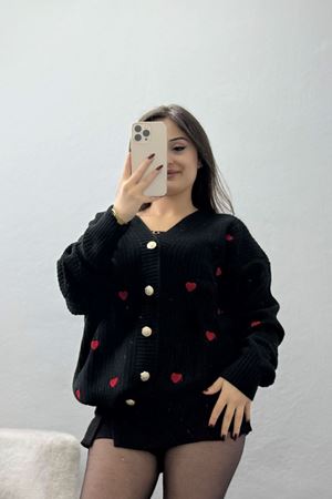 Nakışlı Kalpli Hırka Siyahkırmızı - 444.1577.