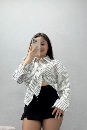 Pamuk Polyester Çizgili Oversize Gömlek Beyazsiyah - 51052.147.