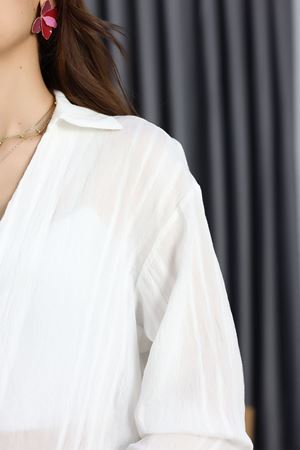 V Yaka Çizgi Detaylı Gömlek Ekru - 41546.444.