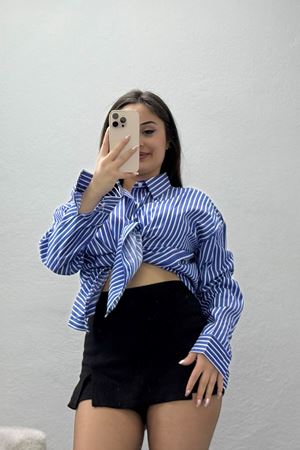 Pamuk Polyester Çizgili Oversize Gömlek Koyumavibeyaz - 51052.147.