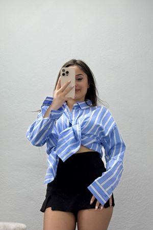 Pamuk Polyester Çizgili Oversize Gömlek Açıkmavi - 51052.147.