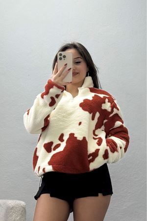 Yarım Fermuarlı Peluş Sweat Ekrukiremit - 31713.1247.