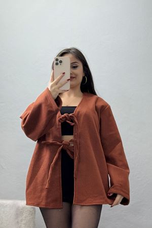 Önü Bağcıklı Kaşe Hırka Kiremit - 70995.1775.