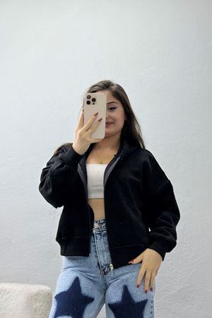 3 İplik Kompakt Oversize Fleto Cepli Sweat Siyah - 42506.1878.