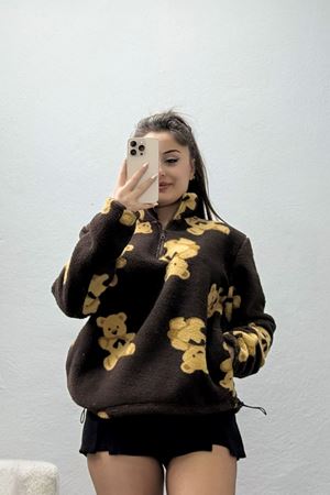 Yarım Fermuarlı Peluş Sweat Kahve - 31713.1247.