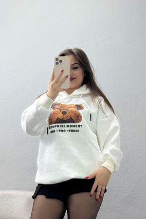 3 İplik Kapşonlu Baskılı Sweat Ekru - 42220.1878.