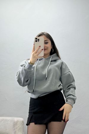 3 İplik Kapşonlu Crop Sweat Antrasit - 20959.1878.