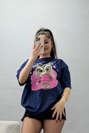 Baskılı Kompakt Penye Tişört Lacivertleopar - 55044.1872.