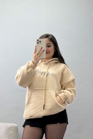 3 İplik Kanguru Cepli Kapşonlu Sweat Bej - 42250.1878.