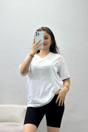 V Yaka Oversize Lüx Penye Beyaz - 90900.1878.