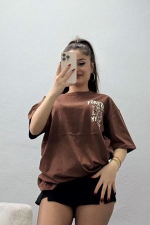 Baskılı Kompakt Penye Tişört Kahvebeyaz - 55044.1872.