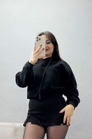3 İplik Kapşonlu Crop Sweat Siyah - 20959.1878.