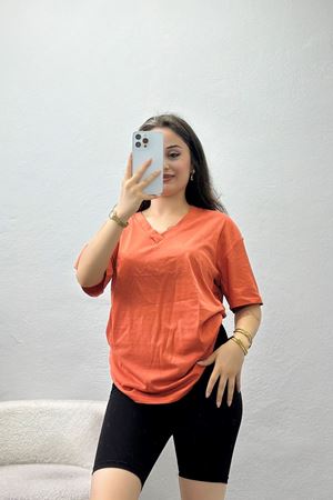 V Yaka Oversize Lüx Penye Kiremit - 90900.1878.