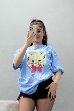 Baskılı Kompakt Penye Tişört Mavikrem1 - 55044.1872.