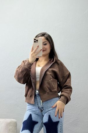 3 İplik Kompakt Oversize Fleto Cepli Sweat Kahve - 42506.1878.