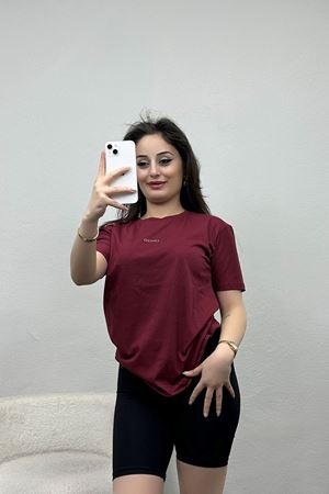 Baskılı Bisiklet Yaka Lüks Penye Tişört Bordo - 60242.1878.