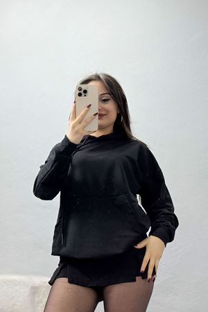2 İplik Kapşonlu Kanguru Cepli Sweat Siyah - 30090.1878.