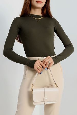 Dik Yaka Parmak Geçmeli Viskon Body Haki - 40076.599.