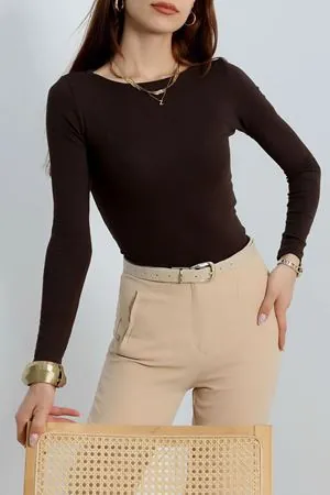 Kadın Kayık Yaka Ribana Basic Body Kahve