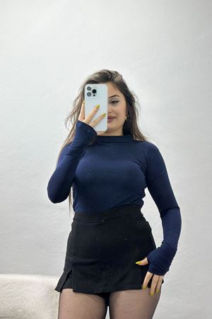 Dik Yaka Parmak Geçmeli Viskon Body Lacivert - 40076.599.