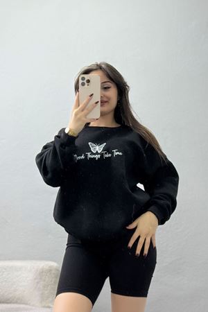 3 İplik Şardonlu Baskılı Sweat Siyahekru - 42611.1878.