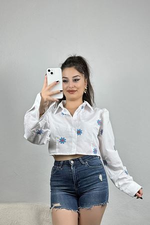 Nakışlı Balon Kol Gömlek Beyaz - 30773.1949.