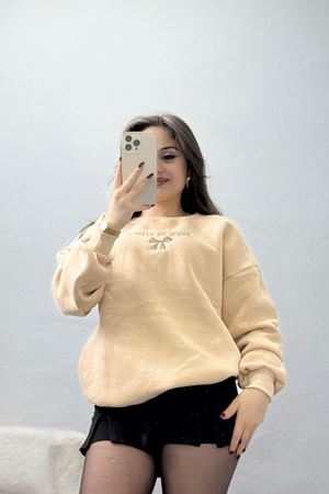 3 İplik Bisiklet Yaka Sweat Bejkahve - 42242.1878.