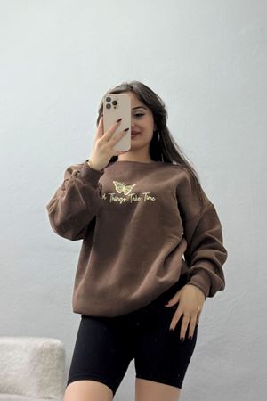 3 İplik Şardonlu Baskılı Sweat Kahvebej - 42611.1878.