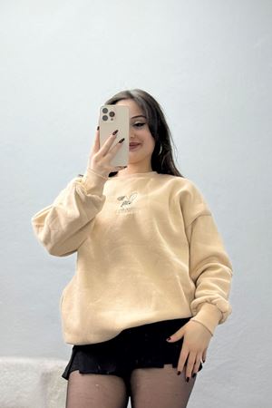 3 İplik Şardonlu Nakışlı Sweat Bej - 42608.1878.