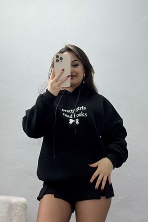 3 İplik Kapşonlu Nakışlı Sweat Siyahbeyaz - 42228.1878.