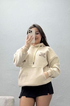 3 İplik Kanguru Cepli Kapşonlu Sweat Bejkahve - 42257.1878.