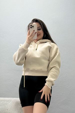 3 İplik Kapşonlu Crop Sweat Bej - 20959.1878.