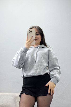 3 İplik Kapşonlu Crop Sweat Gri - 20959.1878.