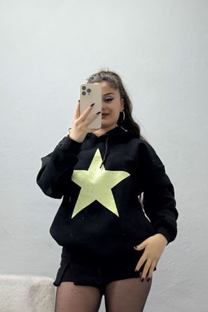 3 İplik Kapşonlu Baskılı Sweat Siyahbej - 42225.1878.