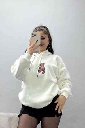 3 İplik Kapşonlu Baskılı Sweat Ekru - 42229.1878.