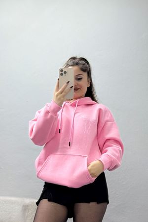 3 İplik Kanguru Cepli Kapşonlu Sweat Pembe - 42255.1878.