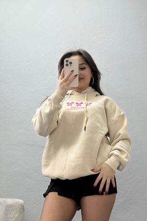 3 İplik Kapşonlu Nakışlı Sweat Bejpembe - 42219.1878.