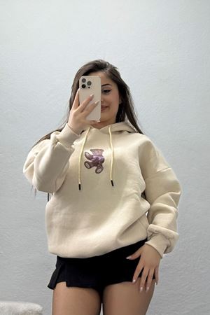 3 İplik Kapşonlu Baskılı Sweat Bej - 42229.1878.