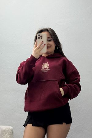 3 İplik Kanguru Cepli Kapşonlu Sweat Bordo - 42254.1878.