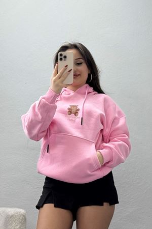 3 İplik Kanguru Cepli Kapşonlu Sweat Pembe - 42254.1878.