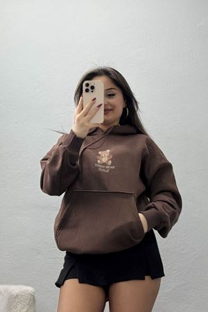 3 İplik Kanguru Cepli Kapşonlu Sweat Kahve - 42254.1878.